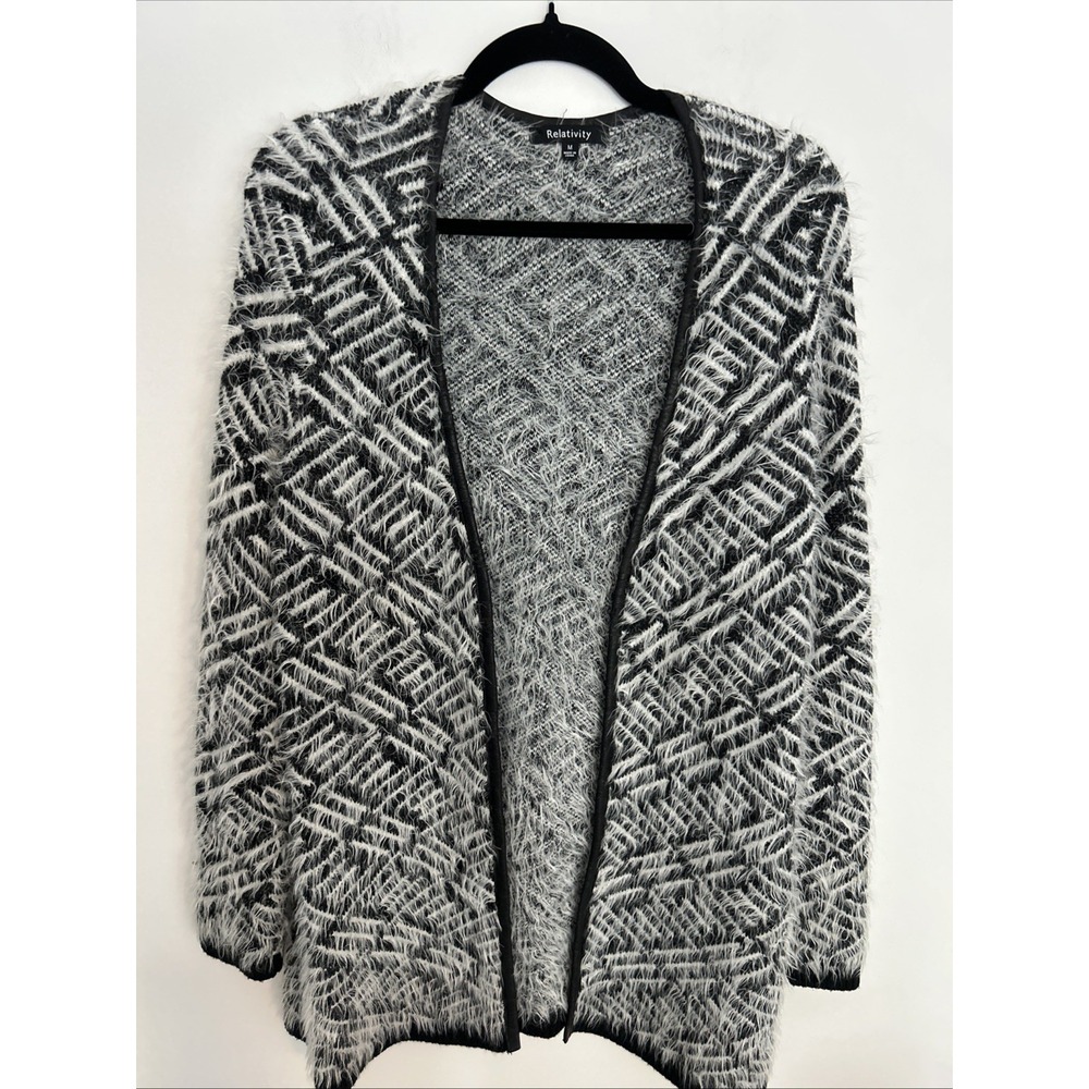 Relativity Black White Fuzzy Knit Cozy Soft Open Long Cardigan Sweater‎ Medium